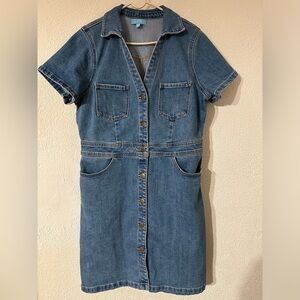 Draper James Denim Dress Blue Mini Short Sleeves Button Front Pockets Size 14